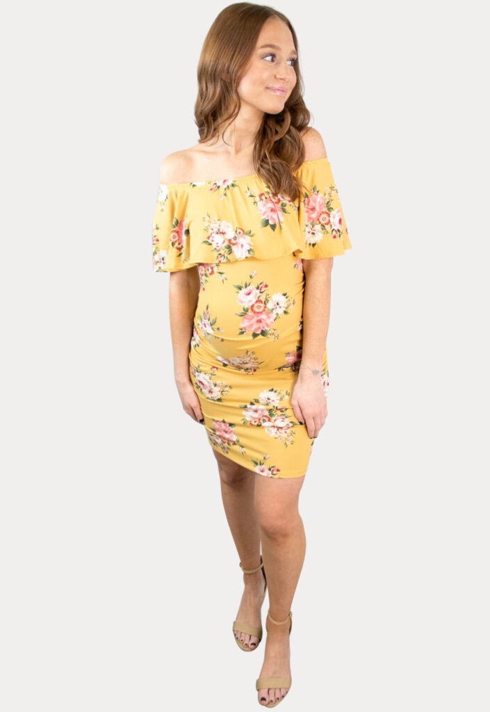 Off-the-Shoulder-Yellow-Floral-Bodycon-Maternity-Dress-705x1024